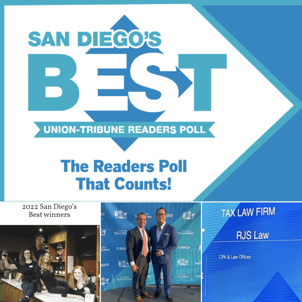 RJS LAW gana el premio al mejor bufete de abogados tributarios en San Diego por la encuesta de lectores Best Union-Tribune Readers Poll 2022 de San Diego en The San Diego Union-Tribune