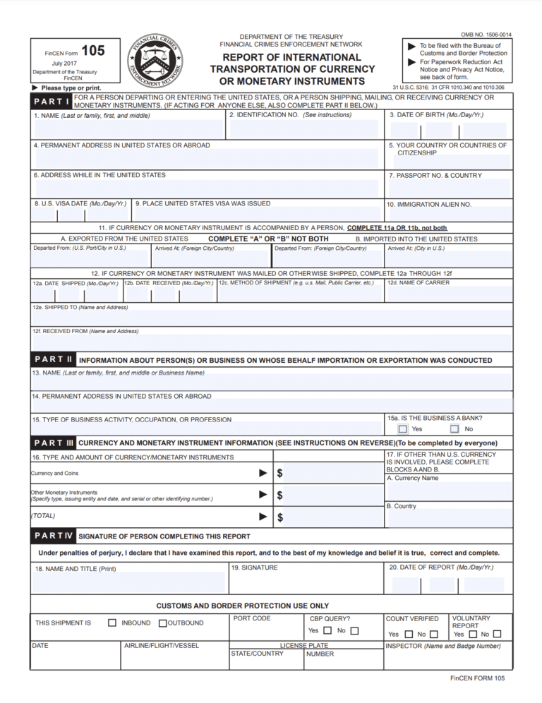 FinCEN Form 105 | Transportation of Currency | International Tax