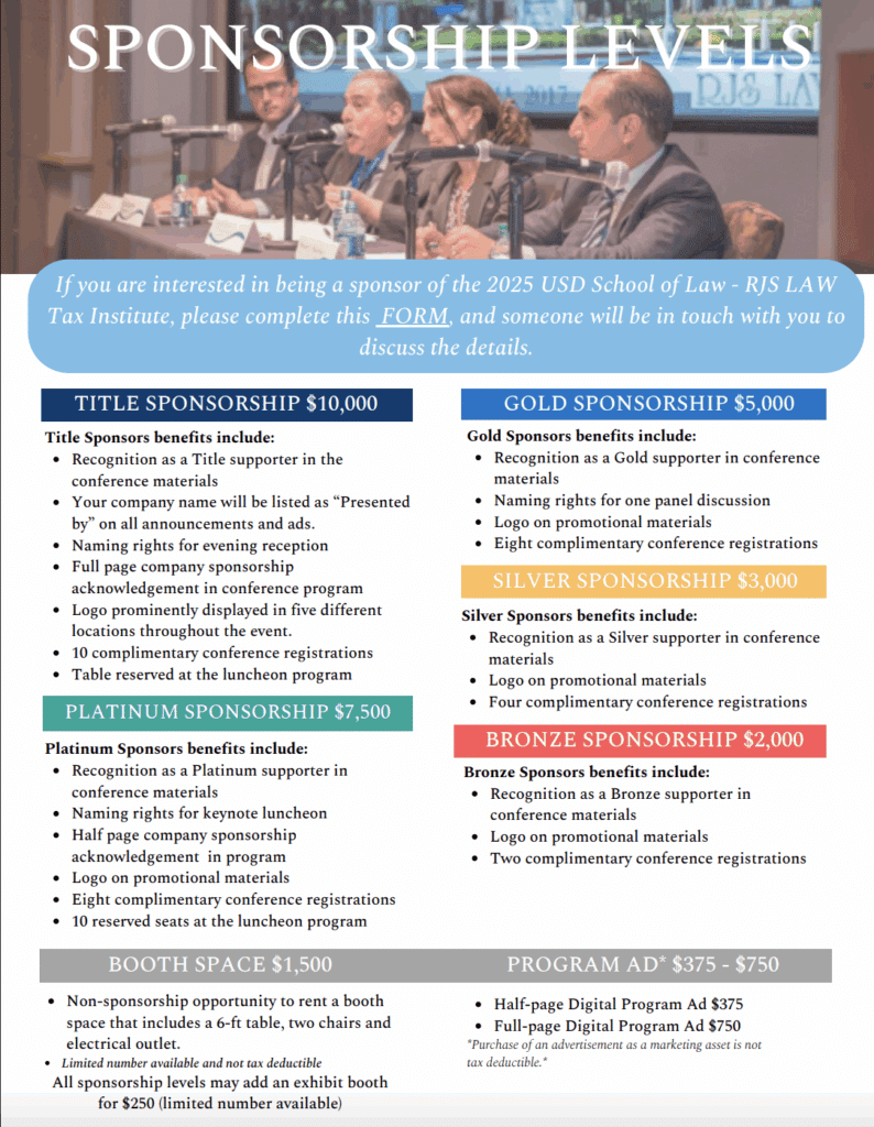 Niveles de patrocinio del Instituto de Impuestos RJS LAW de la Facultad de Derecho de la USD 2025